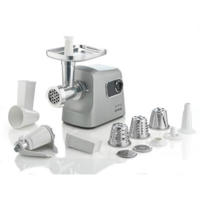 Мясорубка Gorenje, 2500Вт, 2.8кг/мин, 3 решетки, насадка для колбас, кеббе, шнековый соковыжилка, 3 терки, пластик/металл, нержавейка