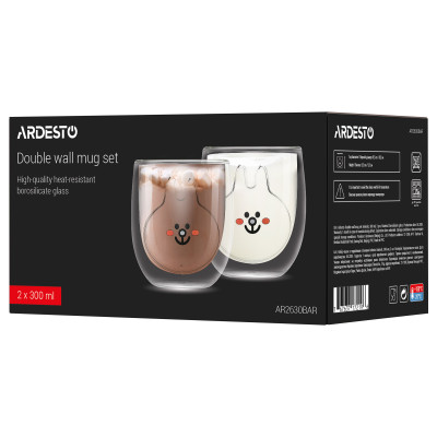 ARDESTO Набір чашок Animals з подвійними стінками, 300 мл, 2 од., боросилікатне скло ARDESTO Набір чашок Animals з подвійними стінками, 300 мл, 2 од., боросилікатне скло