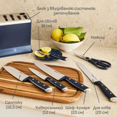 Набір ножів Tefal EverSharp Pro, з блоком, 6предметів, нержавіюча сталь, синій Набір ножів Tefal EverSharp Pro, з блоком, 6предметів, нержавіюча сталь, синій