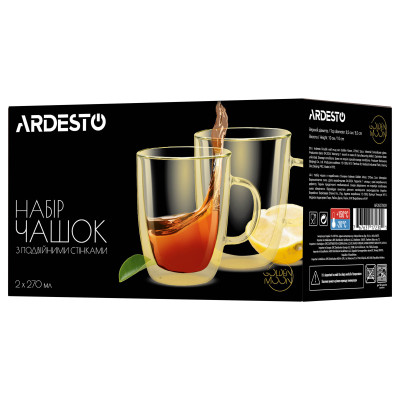 ARDESTO Набір чашок з ручками AGolden Moon з подвійними стінками, 270 мл, H 10 см, 2 од., боросилікатне скло ARDESTO Набір чашок з ручками AGolden Moon з подвійними стінками, 270 мл, H 10 см, 2 од., боросилікатне скло