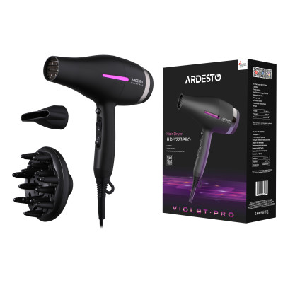 Фен ARDESTO Violet PRO HD-Y223PRO, 1850-2200Вт, 2 швидкості , 3 темп.режими, дифузор, чорний