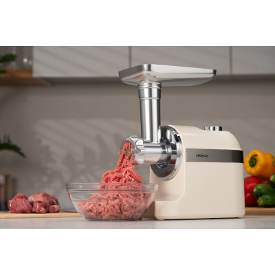 ARDESTO М'ясорубка, 1800Вт, 2кг/хв, 3 решітки, насадка для ковбас, кеббе, пластик, бежево-сріблястий