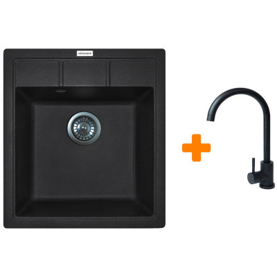Набір кухонна Adamant Brick, штучний камінь, квадрат, без крила, 460x515x200мм, чаша - 1, врізна, чорний + змішувач Набір кухонна Adamant Brick, штучний камінь, квадрат, без крила, 460x515x200мм, чаша - 1, врізна, чорний + змішувач