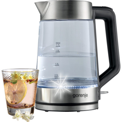 Електрочайник Gorenje 1.7л, 2,200 Вт, strix контроль, скло, нерж Електрочайник Gorenje 1.7л, 2,200 Вт, strix контроль, скло, нерж