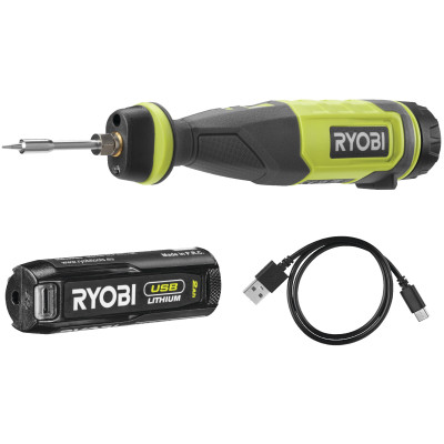 Ryobi Паяльник акумуляторний USB Lithium RSI4-120G 4В 2А·год 460°С світлодіодне підсвічування 0.1кг Ryobi Паяльник акумуляторний USB Lithium RSI4-120G 4В 2А·год 460°С світлодіодне підсвічування 0.1кг