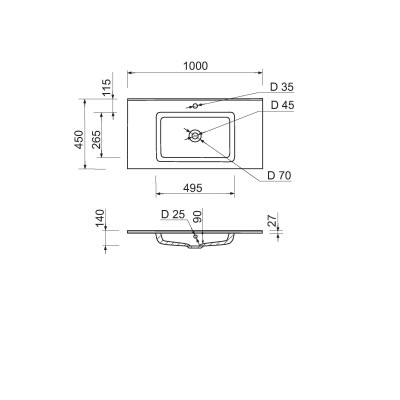 Раковина, умивальник Adamant FLATE, штучний камінь, прямокут., з отвором для змішувача, з отвором для переливу, 1000х450х140мм, накладний, білий