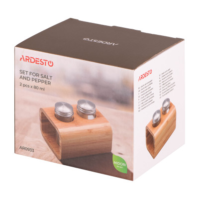 Набір для солі та перцю ARDESTO Midori, 3 предмети, 80мл, 13.5х11х11см, бамбук, нержавіюча сталь, скло, пластик