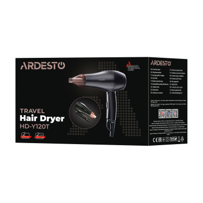 Фен ARDESTO HD-Y120T, дорожній, 1200Вт, складна ручка, 2 швидкості, 2 темп. режими, чорний