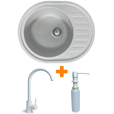 Набір кухонний Adamant Ovum, штучний камінь, овальна, з крилом, 615х495х200мм, чаша - 1, врізна, Old stone + змішувач та дозатор Набір кухонний Adamant Ovum, штучний камінь, овальна, з крилом, 615х495х200мм, чаша - 1, врізна, Old stone + змішувач та дозатор