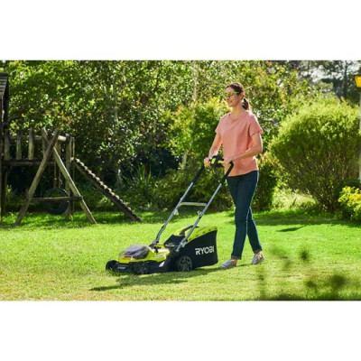 Газонокосилка аккумуляторная Ryobi RY18LMH37A-250 ONE+ Hybrid АКБ+сеть (18В/220В) акб 2х5А-ч 37см 45л 25-70мм мульчирование 15.7кг (5133004583)