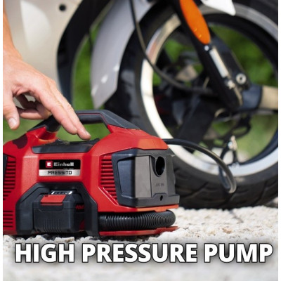 Компресор повітряний Einhell PRESSITO 18/21, акумуляторний 18В PXC, до 14л/хв, 10.5бар, вис. і низьк. тиск, 2.06кг без АКБ та ЗП