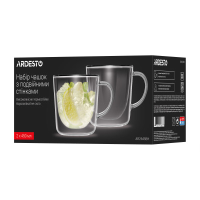 Набір чашок з ручками і подвійними стінками Ardesto, 450мл, 2шт, боросилікатне скло, прозорий (AR2645BH) Набір чашок з ручками і подвійними стінками Ardesto, 450мл, 2шт, боросилікатне скло, прозорий (AR2645BH)