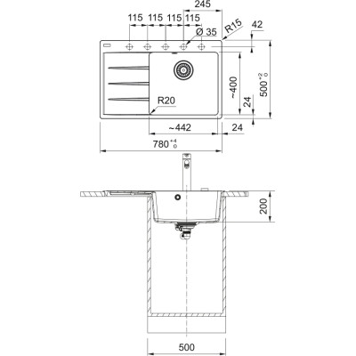 Мийка кухонна Franke Centro, фраграніт, прямокутник, з крилом, 780х500х200мм, чаша - 1, врізна, CNG 611-78 TL, сірий камінь