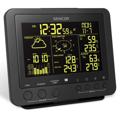Метеостанція Sencor, внутр/зовн вимірювання, від мережі/CR2032x1+AAx3, темп-ра, вологість, час, прогноз погоди, атмосферний тиск, шв. вітру, чорний