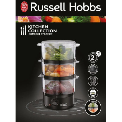 Пароварка Russell Hobbs Kitchen Collection 400Вт, чаша-2.3/3.3л, резервуар для воды -0.5л, механическое управление, 3 яруса, пластик, черный