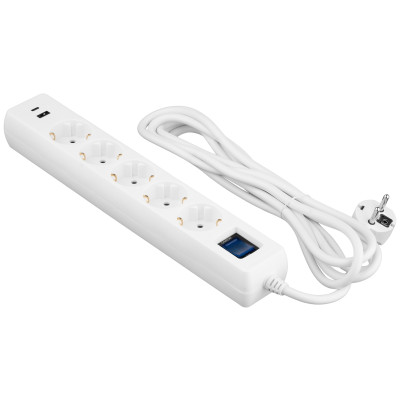Мережевий фільтр 2E 5хSchuko, 1 х USB, 1 x USB-C, 3 м (2E-SP515M3USBWH)