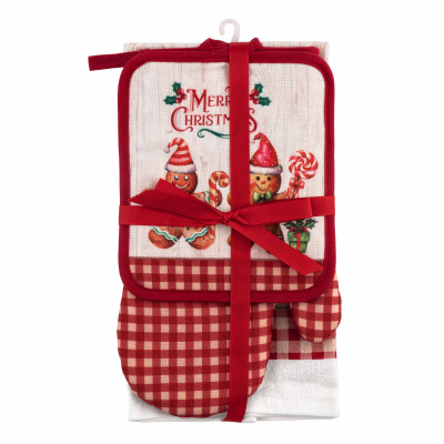 Подарунковий набір для кухні ARDESTO Christmas Gingerbread, 3шт, 100% бавовна (рушничок), 100% поліестер (прихватки), червоний
