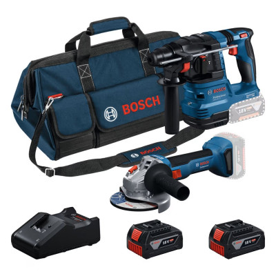 Набір із двох акумуляторних інструментів Bosch Professional 18В перфоратор GBH 18V-22, Шліфмашина кутова GWS 18V-8 акб 2x4А·год, ЗП, сумка M-BAG