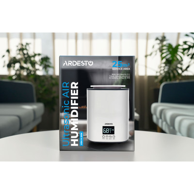 Зволожувач повітря ARDESTO ультразвуковий, 25м2, 3.1л, 250мл/г, електр. кер-ння, верх. залив води, дисплей, білий Зволожувач повітря ARDESTO ультразвуковий, 25м2, 3.1л, 250мл/г, електр. кер-ння, верх. залив води, дисплей, білий