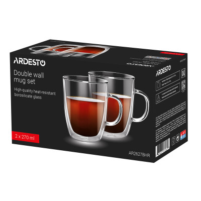ARDESTO Набір чашок з ручками з подвійними стінками, 270 мл, В 10 см, 2 од., боросилікатне скло ARDESTO Набір чашок з ручками з подвійними стінками, 270 мл, В 10 см, 2 од., боросилікатне скло