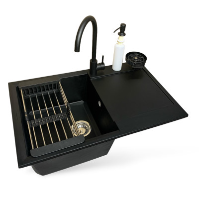 Набір кухонний Adamant Horizon, штучний камінь, прямокут., з крилом, 780х495х230мм, чаша - 1, врізна, антрацит + змішувач + дозатор + ополіскувач склянок + коландер Набір кухонний Adamant Horizon, штучний камінь, прямокут., з крилом, 780х495х230мм, чаша - 1, врізна, антрацит + змішувач + дозатор + ополіскувач склянок + коландер