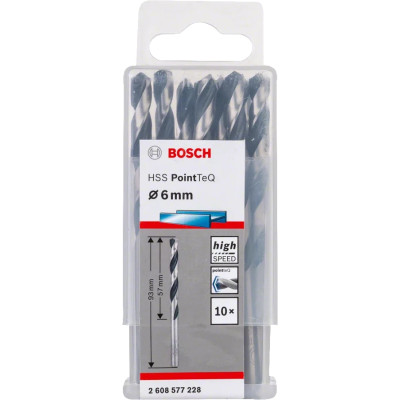 Свердло по металу Bosch Professional HSS-PointTeQ, 6х57х93мм, 10шт Свердло по металу Bosch Professional HSS-PointTeQ, 6х57х93мм, 10шт