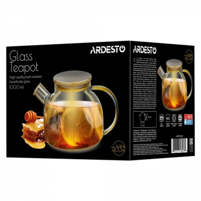 Заварник Ardesto Golden Moon 1000мл, боросилікатне скло, бамбук, золотистий Заварник Ardesto Golden Moon 1000мл, боросилікатне скло, бамбук, золотистий