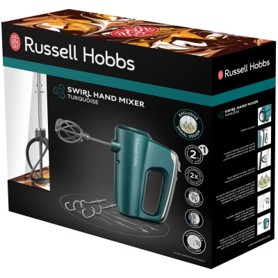 Миксер Russell Hobbs ручной Turquoise, 350Вт, насадки-4, турборежим, бирюзовый