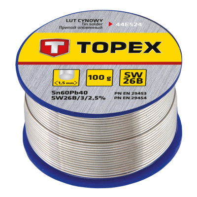 Topex 44E524 Припiй олов'яний 60%Sn, проволока 1.5 мм,100 г Topex 44E524 Припiй олов'яний 60%Sn, проволока 1.5 мм,100 г