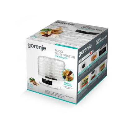 Сушарка для продуктів Gorenje 380Вт, піддонів - 5x2.8см, діаметр - 31см, макс - 70°С, алюміній, пластик, білий (FDK500GCW)