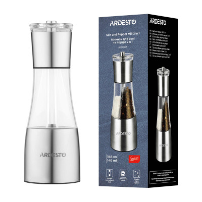 Млинок для солі та перцю 2 в 1 ARDESTO Gemini, 140мл, акрил, нержавіюча сталь, прозорий Млинок для солі та перцю 2 в 1 ARDESTO Gemini, 140мл, акрил, нержавіюча сталь, прозорий