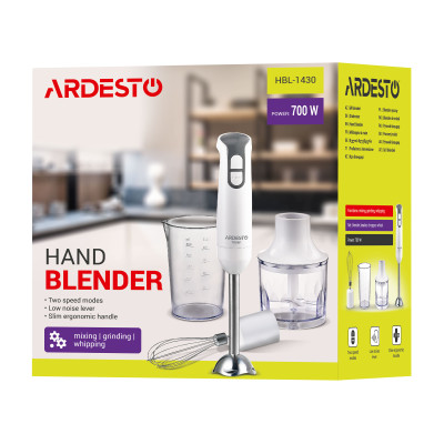 ARDESTO Блендер ручной HBL-1430 - 700Вт/измельчитель 0.3л/венчик/чаша 0.6л/белый ARDESTO Блендер ручной HBL-1430 - 700Вт/измельчитель 0.3л/венчик/чаша 0.6л/белый