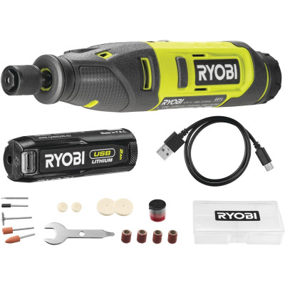 Шлифмашина шлифовально-гравировальная аккумуляторная Ryobi USB Lithium RRT4-120GA15 4В 1х2А-ч, 15 аксессуаров 0.23кг