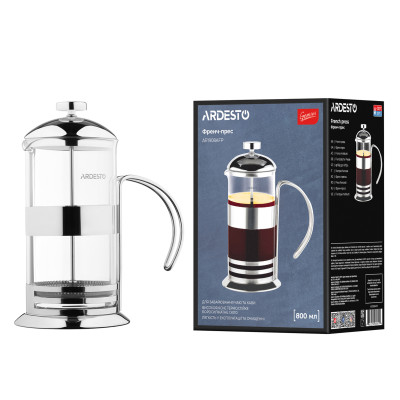 Френч-пресс ARDESTO Gemini Asti, 800мл, боросиликатное стекло, нержавеющая сталь, прозрачный Френч-пресс ARDESTO Gemini Asti, 800мл, боросиликатное стекло, нержавеющая сталь, прозрачный
