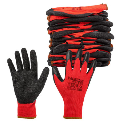 Neo Tools Рукавички робочі комплект 12шт, поліестер з латексним покриттям, р.9, червоно-чорний Neo Tools Рукавички робочі комплект 12шт, поліестер з латексним покриттям, р.9, червоно-чорний