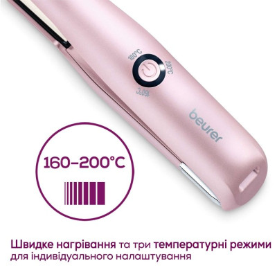 Випрямляч Beurer, безпровідний, mini-USB, 25Вт, темп.режимів-3, >200С, заряд на 20хв, кераміка, турмалін, рожевий