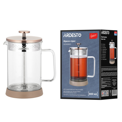 Френч-прес ARDESTO Gemini, 800мл, боросилікатне скло, нержавіюча сталь, прозорий, мідний Френч-прес ARDESTO Gemini, 800мл, боросилікатне скло, нержавіюча сталь, прозорий, мідний