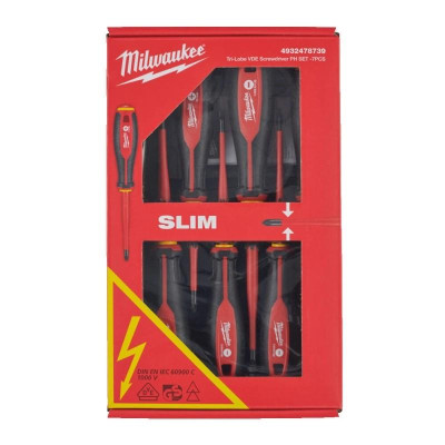 Викрутки Milwaukee ізольовані VDE до 1000В, SL2,5, SL3, SL4, SL5.5, PH1,PH2, викрутка-тестер набір 7шт Викрутки Milwaukee ізольовані VDE до 1000В, SL2,5, SL3, SL4, SL5.5, PH1,PH2, викрутка-тестер набір 7шт