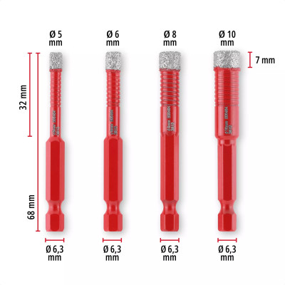 Свердло по кахелю та склу трубчате Einhell 5/6/8/10мм XS-Case набір 4шт 0.12кг