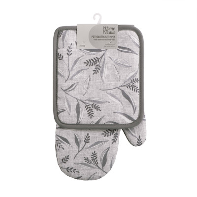 Набір прихваток для кухні ARDESTO Grey leaves 18х20см, 18х30см, 100% поліестер (верх), 100% бавовна (низ), cірий