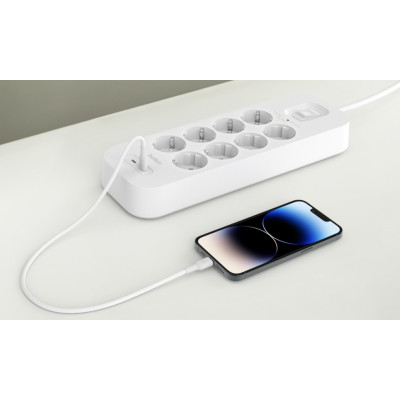 Подовжувач-фільтр мережевий Belkin 8хТип F, 3x1.5мм кв, 16А, USB-C/USB-C 30Вт, з захистом від перенапруги, 2м, білий Подовжувач-фільтр мережевий Belkin 8хТип F, 3x1.5мм кв, 16А, USB-C/USB-C 30Вт, з захистом від перенапруги, 2м, білий