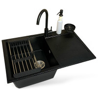 Набір кухонний Adamant Horizon, штучний камінь, прямокут., з крилом, 780х495х230мм, чаша - 1, врізна, чорний + змішувач + дозатор + ополіскувач склянок + коландер Набір кухонний Adamant Horizon, штучний камінь, прямокут., з крилом, 780х495х230мм, чаша - 1, врізна, чорний + змішувач + дозатор + ополіскувач склянок + коландер