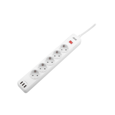 Удлинитель-фильтр сетевой 2E 5xТип F, 3x1.5мм кв, 16A, 3xUSB-A, с защитой от перенапряжения, 2м, белый 2E-SP515M2USBWH