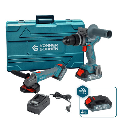 Набір із двох акумуляторних інструментів Konner&Sohnen KS IDAGB 20V SET 1 PLUS 20В шурупокрут-дриль ударний, шліфмашина кутова KS AGB20V-125VR, ЗП 2.4А акб 1х2А·год+1х4А·год кейс 8.1кг Набір із двох акумуляторних інструментів Konner&Sohnen KS IDAGB 20V SET 1 PLUS 20В шурупокрут-дриль ударний, шліфмашина кутова KS AGB20V-125VR, ЗП 2.4А акб 1х2А·год+1х4А·год кейс 8.1кг