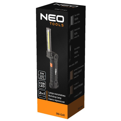 Фонарь инспекционный аккумуляторный Neo Tools, 1200мА·ч, 200лм, 3Вт, 2в1, лампа+фонарь, складывается, 5 функций освещения, красный свет, IP20 Фонарь инспекционный аккумуляторный Neo Tools, 1200мА·ч, 200лм, 3Вт, 2в1, лампа+фонарь, складывается, 5 функций освещения, красный свет, IP20
