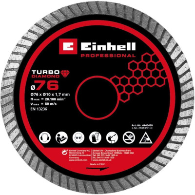 Диск алмазний відрізний Einhell TP-CO 18/76-C Li BL 76х10мм по плитці Диск алмазний відрізний Einhell TP-CO 18/76-C Li BL 76х10мм по плитці