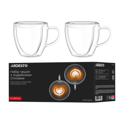 Набір чашок з ручками і подвійними стінками Ardesto, 330мл, 2шт, боросилікатне скло, прозорий (AR2633BHL) Набір чашок з ручками і подвійними стінками Ardesto, 330мл, 2шт, боросилікатне скло, прозорий (AR2633BHL)