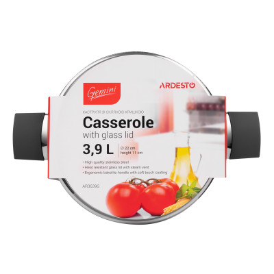 Каструля зі скляною кришкою Ardesto Gemini Trento, 3.9л, нержавіюча сталь, бакеліт AR3639G