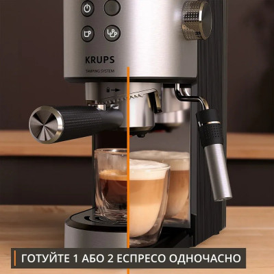 Кавоварка Krups ріжкова Virtuoso+ Tamping System 1л, мелена, ручний капучинатор, 15 бар, сірий
