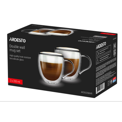 ARDESTO Набір чашок з ручками і подвійними стінками, 250мл, 2шт, боросилікатне скло, прозорий ARDESTO Набір чашок з ручками і подвійними стінками, 250мл, 2шт, боросилікатне скло, прозорий